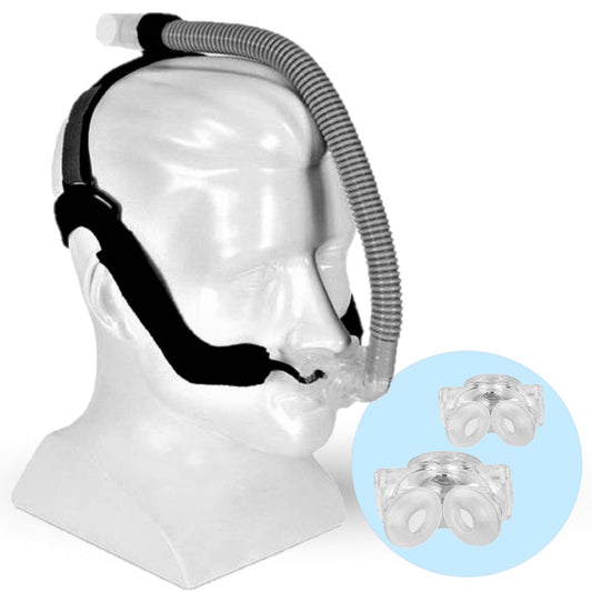 Stock photo of Respcare Aloha nasal pillow CPAP mask fit pack with headgear