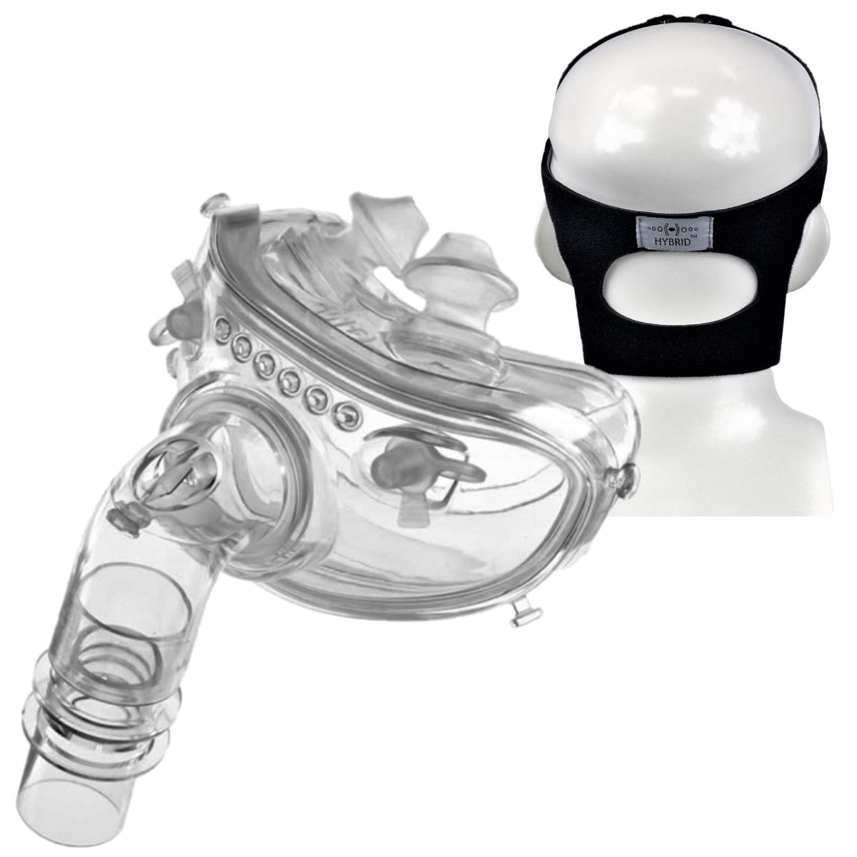 Stock photo of RespCare Hybrid Full Face CPAP mask with headgear