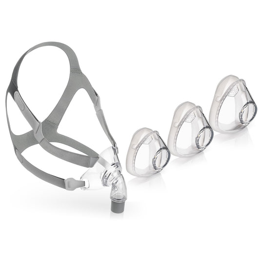 Angled Stock Image of React Health's Siesta Full Face Mask FitPack W/ Optional Headgear