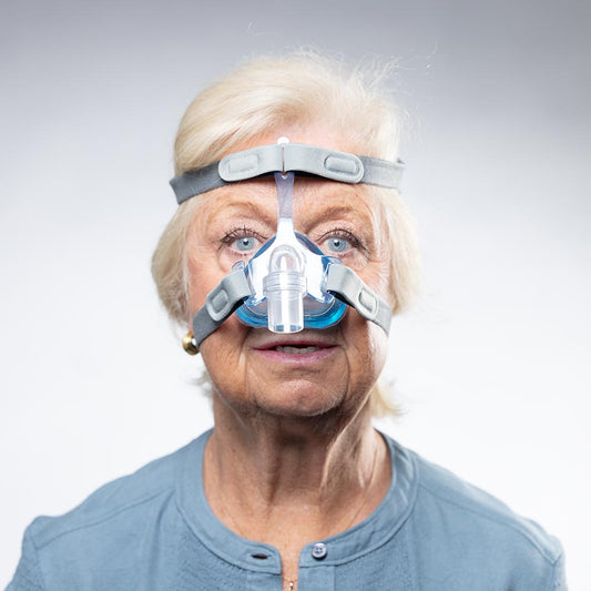 Photo of Woman Wearing SleepNet Aura Gel Nasal CPAP Mask with EZ Fit Headgear