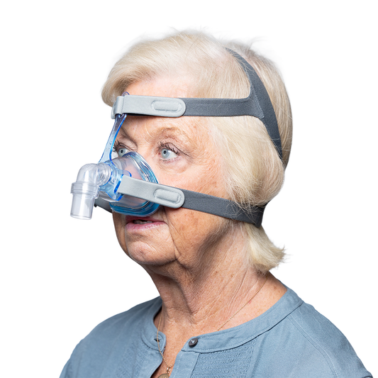 Photo of Woman Wearing SleepNet Aura Gel Nasal CPAP Mask with EZ Fit Headgear