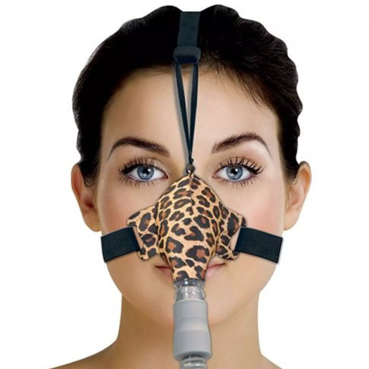 Photo of woman wearing Circadiance SleepWeaver Nasal CPAP Leopard Mask