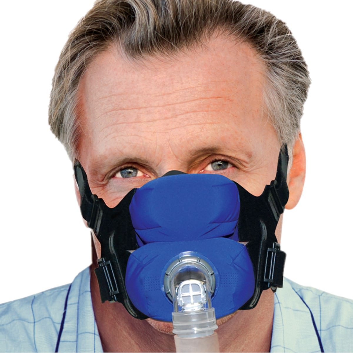 Stock Image of Man Wearing SleepWeaver Anew Full Face CPAP Cloth Mask W/ Headgear 