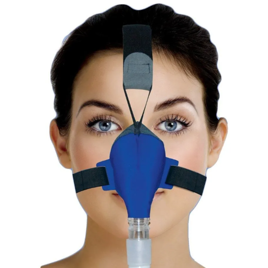 Photo of woman wearing Circadiance SleepWeaver Nasal CPAP Blue Mask