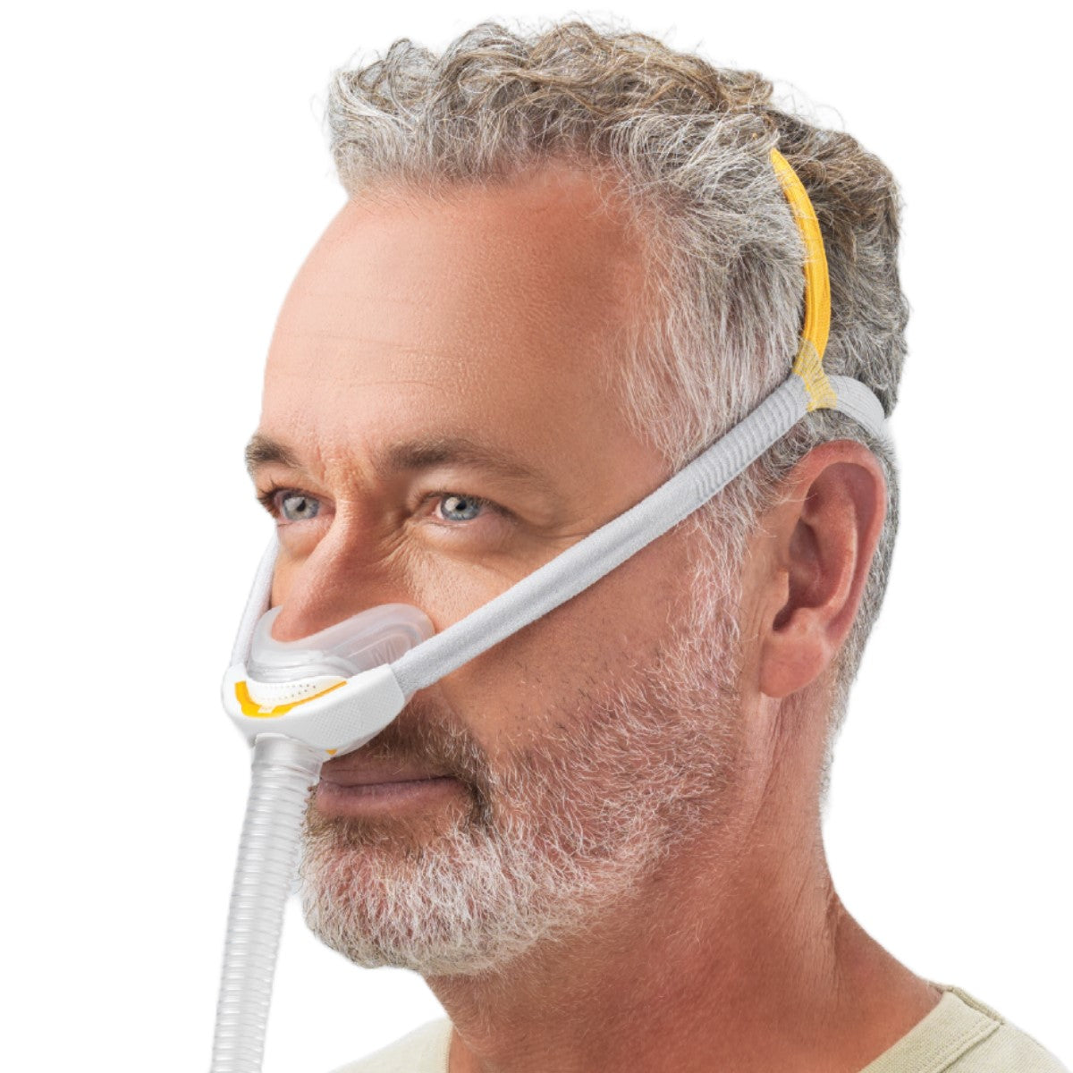 Angled View of Man Wearing Fisher & Paykel's Solo Nasal CPAP Mask W/ Headgear 