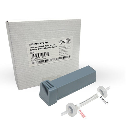 1800CPAP cleaning device kit with filter, valve, and packaging on a white background