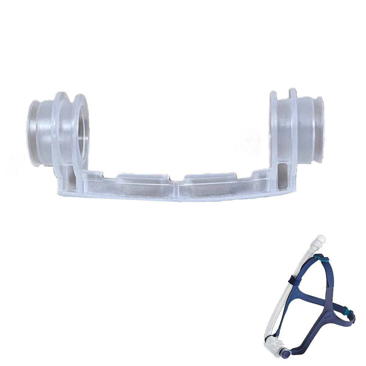 A clear plastic CPAP mask connector piece shown on a white background, with a blue and white CPAP mask and tube accessory pictured in the lower right corner.
