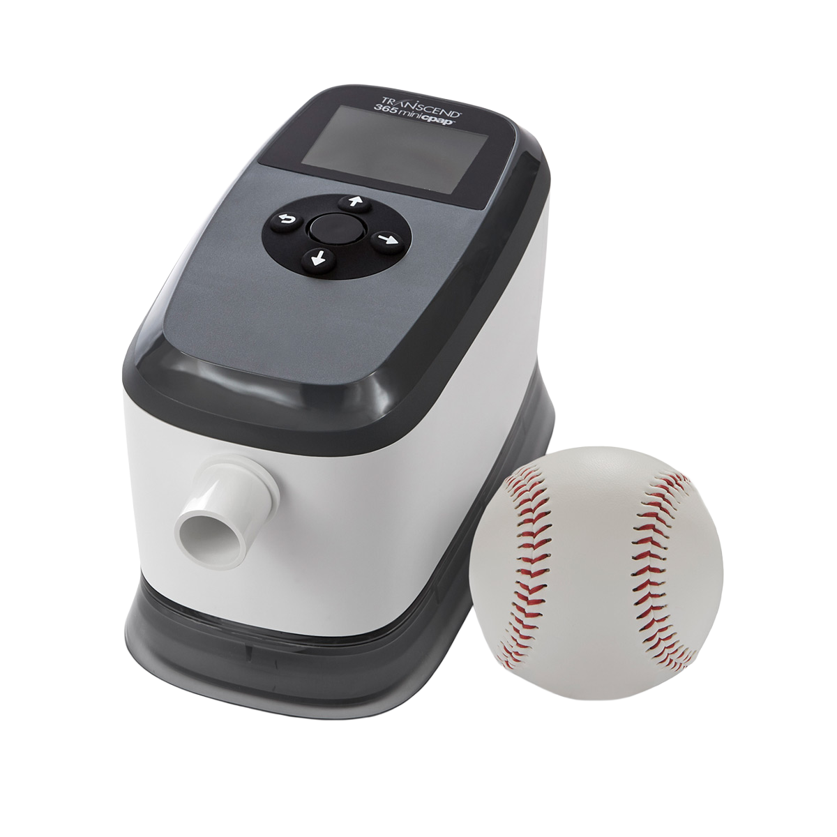 Stock Angled Image of Transcend 365 miniCPAP Auto Travel Machine - w/ Baseball for Size Comparison