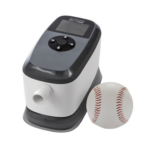 Stock Angled Image of Transcend 365 miniCPAP Auto Travel Machine - w/ Baseball for Size Comparison