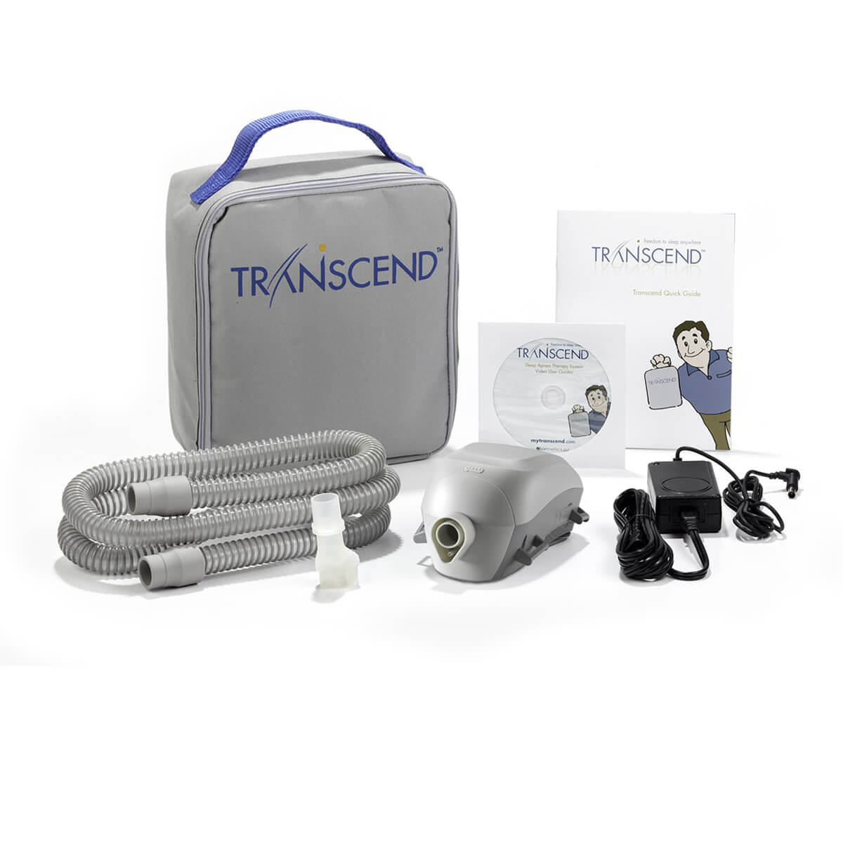 Stock photo of Somnetics Transcend Auto Mini CPAP machine, tubing, carrying case, power supply, and quick guide