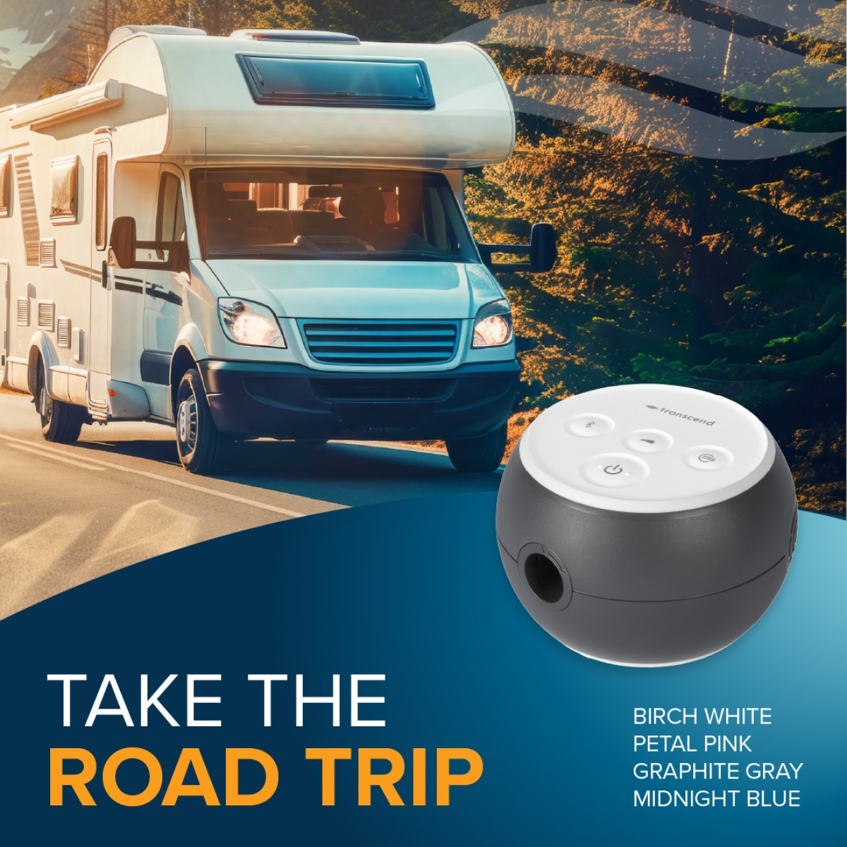 Camper van on a road with a small CPAP device labeled 'Take the Road Trip' and color options.