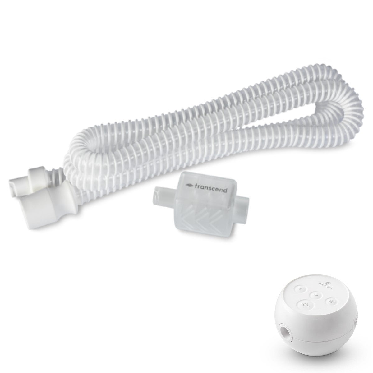 CPAP device components including a hose, mask, and control panel on a white background