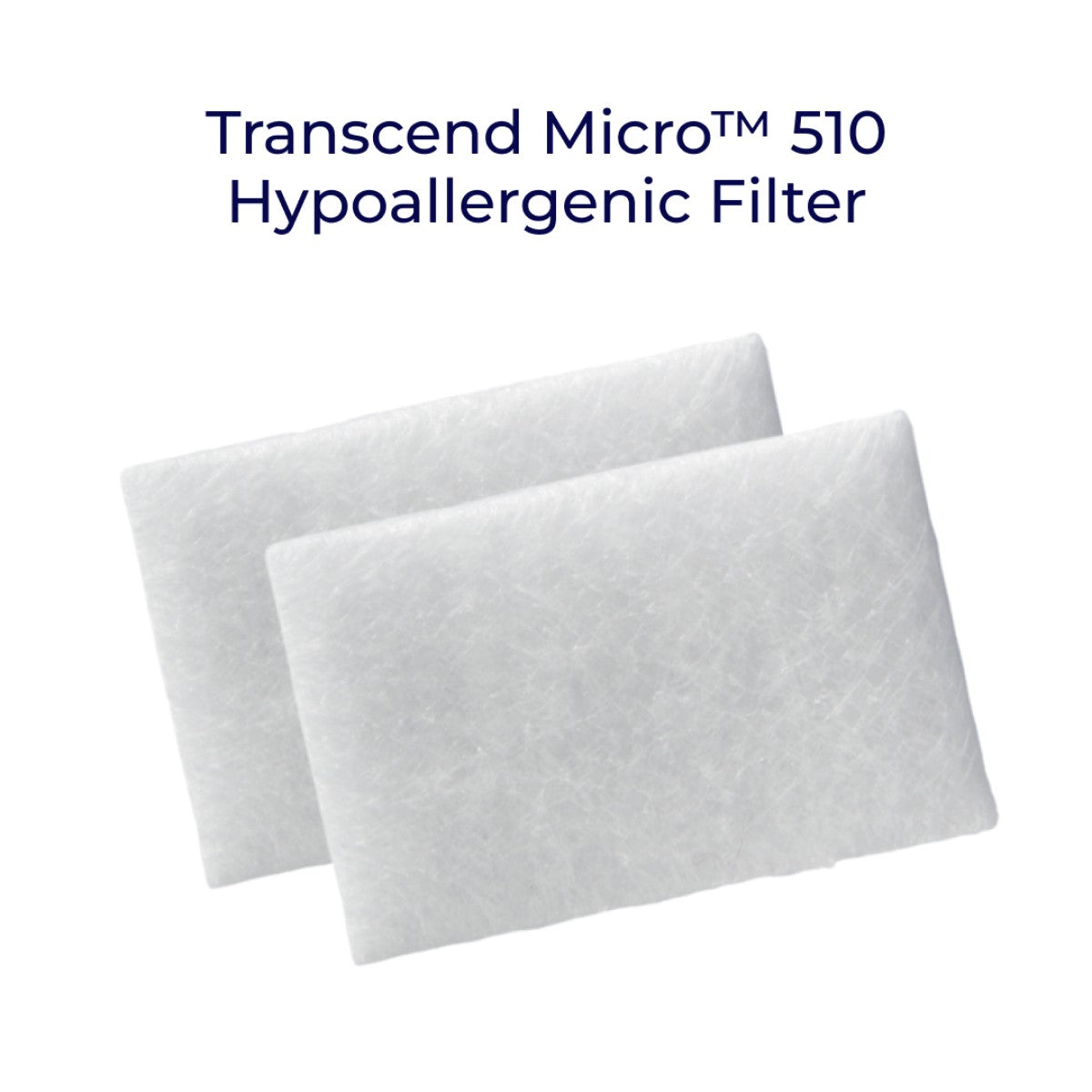 Two white Transcend Micro 510 hypoallergenic filter cartridges shown on a plain white background with dark blue text above them.