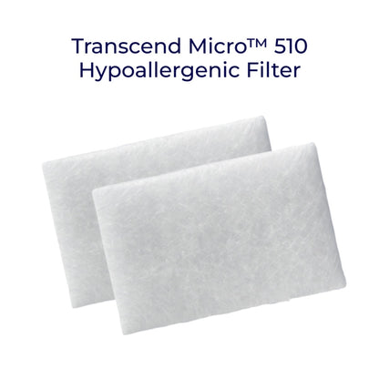 Two white Transcend Micro 510 hypoallergenic filter cartridges shown on a plain white background with dark blue text above them.
