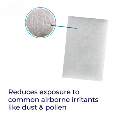 CPAP Air filter with text indicating reduction of exposure to dust and pollen
