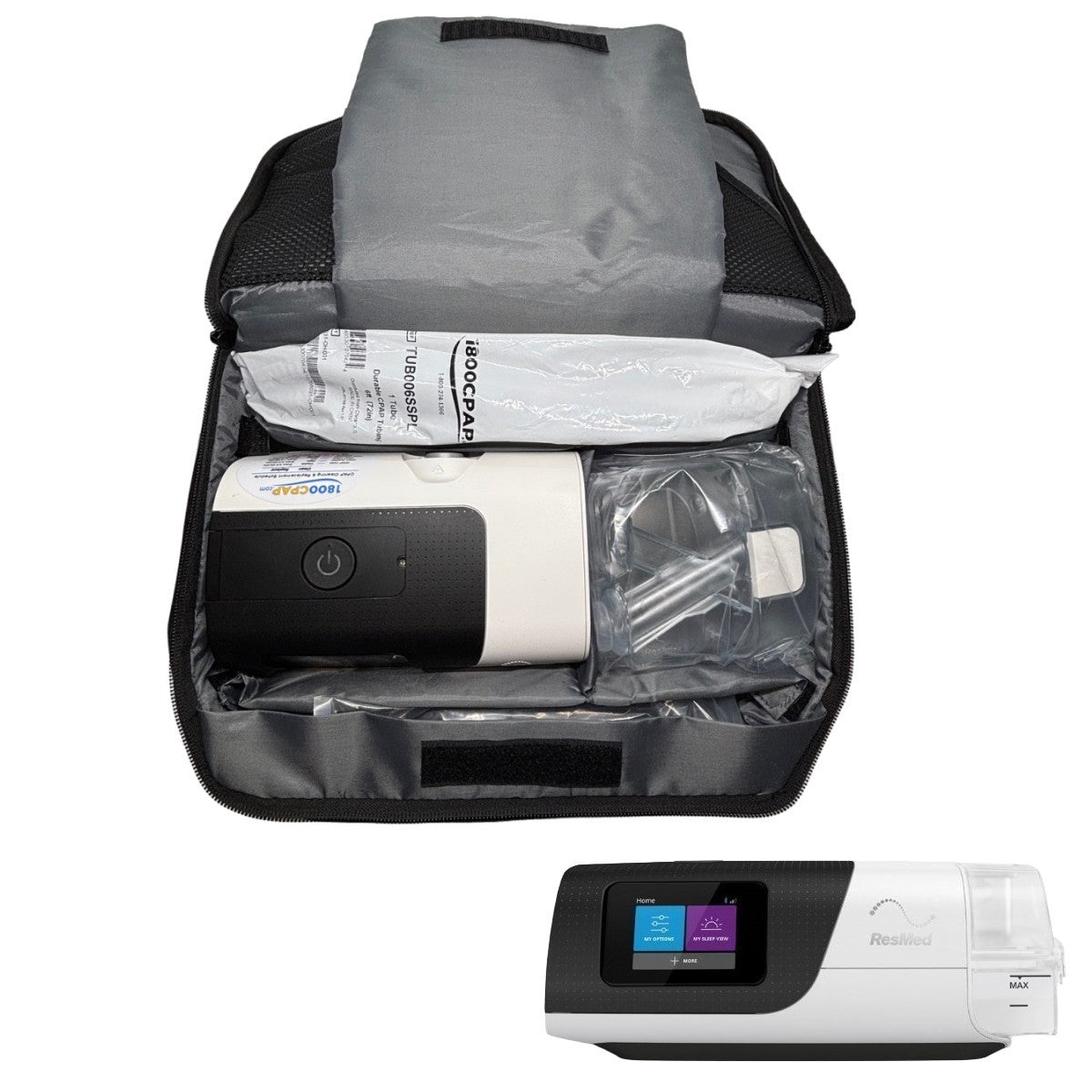 ResMed CPAP bag with medical supplies and a portable device on a white background