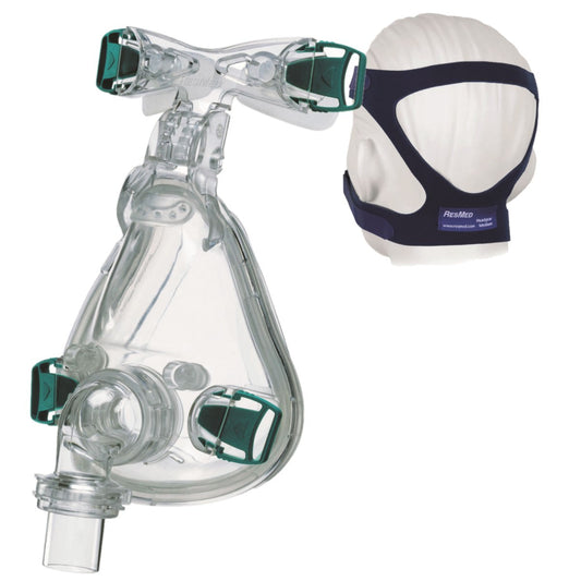 Stock Angled Image of ResMed's Ultra Mirage Full Face Mask Frame W/O Headgear &n Back View of Mannequin Head Wearing ResMed Universal Headgear