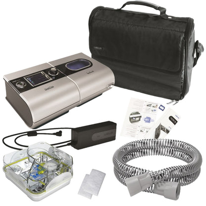 Stock photo of ResMed refurbished S9 AutoSet CPAP machine, machine bag, power cord, filters, water chamber, tubing, and SD card