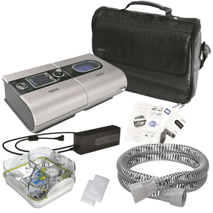 Stock photo of ResMed refurbished S9 Elite CPAP machine, machine bag, power cord, filters, water chamber, tubing, and SD card