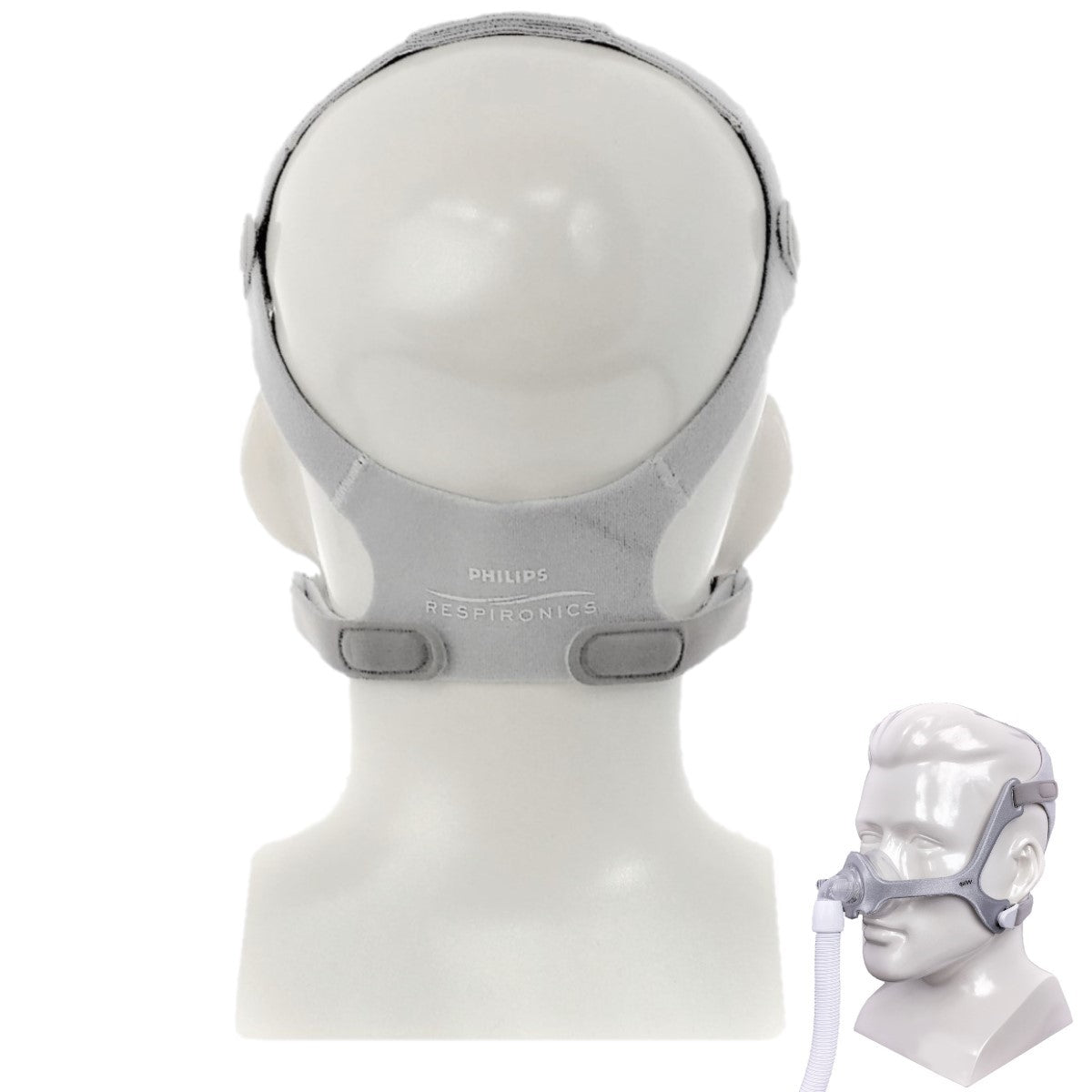 Back View of Mannequin Head Wearing Philips Respironics Wisp Nasal CPAP Headgear & Small Side View of Mannequin Head Wearing PR's Wisp Nasal CPAP Mask W/ Headgear 