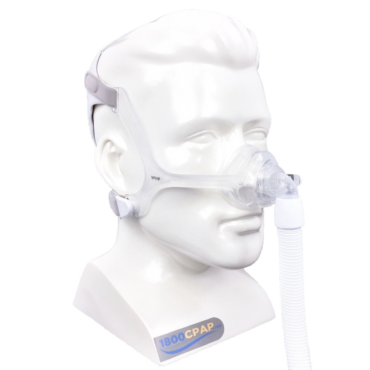 Angled View of Philips Respironics Wisp Nasal Silicone CPAP Mask W/ Headgear on Mannequin Head