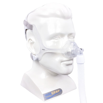 Angled View of Philips Respironics Wisp Nasal Silicone CPAP Mask W/ Headgear on Mannequin Head