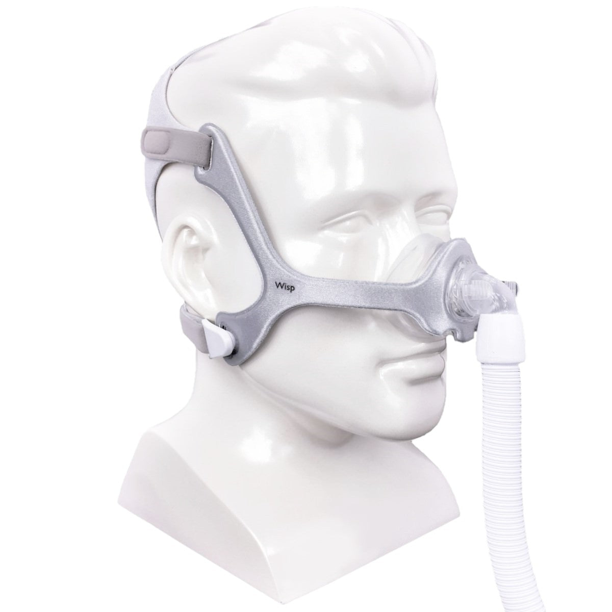 Angled View of Philips Respironics Wisp Nasal Fabric CPAP Mask W/ Headgear on Mannequin Head