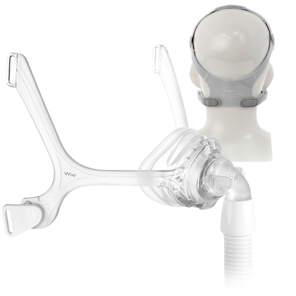 Right facing stock photo of Philips Respironics Wisp clear nasal CPAP mask without headgear