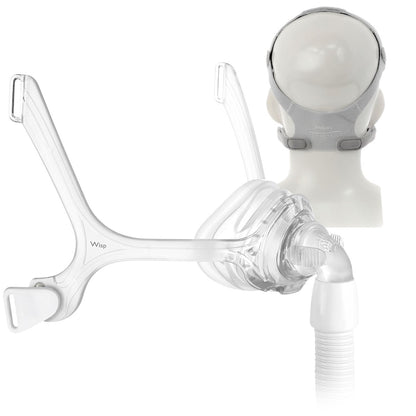 Right facing stock photo of Philips Respironics Wisp clear nasal CPAP mask without headgear