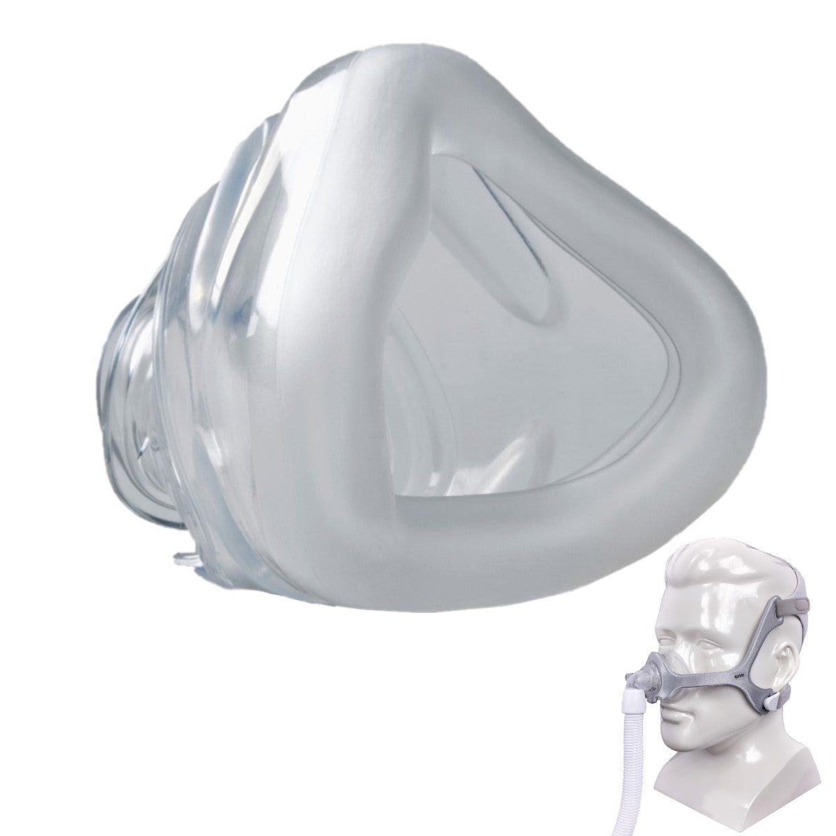 Enlarged View of Philips Respironics Wisp Nasal Cushion & Small View of Mannequin Wearing PR's Wisp Nasal CPAP Mask W/ Headgear