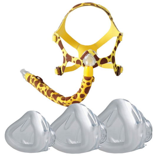 Stock photo of giraffe style Philips Respironics Wisp Pediatric nasal CPAP mask fit pack with headgear